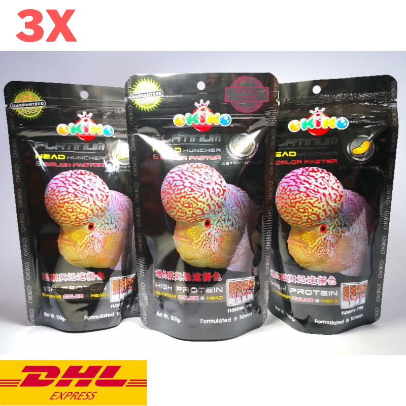 3x Okiko Platinum Cichlid Flowerhorn Fish Food Floating Pellet Head Huncher 100g