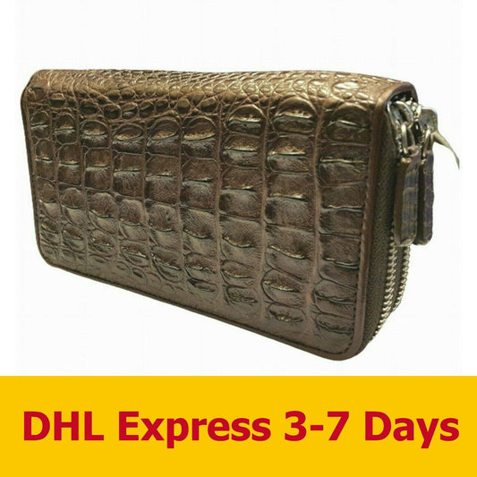 BROWN GENUINE TWO ZIPPER CROCODILE WALLETS SKIN LEATHER BONE WOMEN'S CLUTCH BAG
