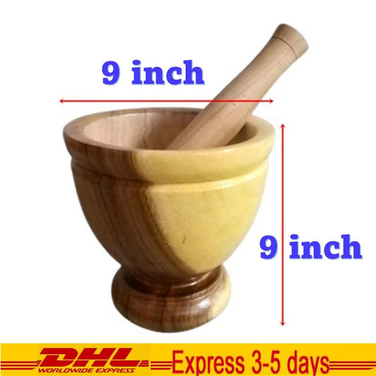 9" Wooden Mortar Pestle Thai Papaya Salad Somtum Spices Herb Hand Made