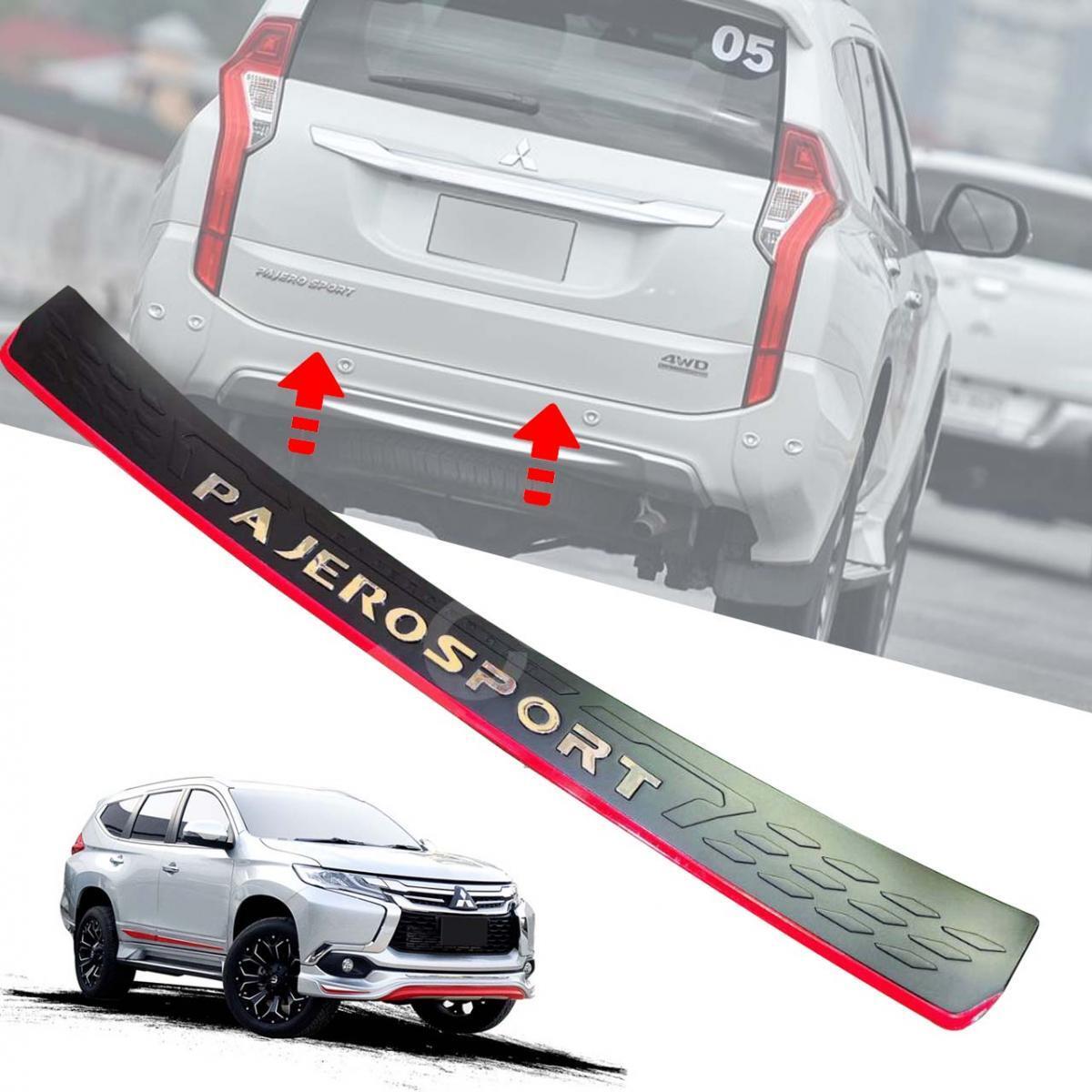 Black Rear Bumper Scuff Plate Chrome Logo Fit Mitsubishi Montero Sport 2015-2022
