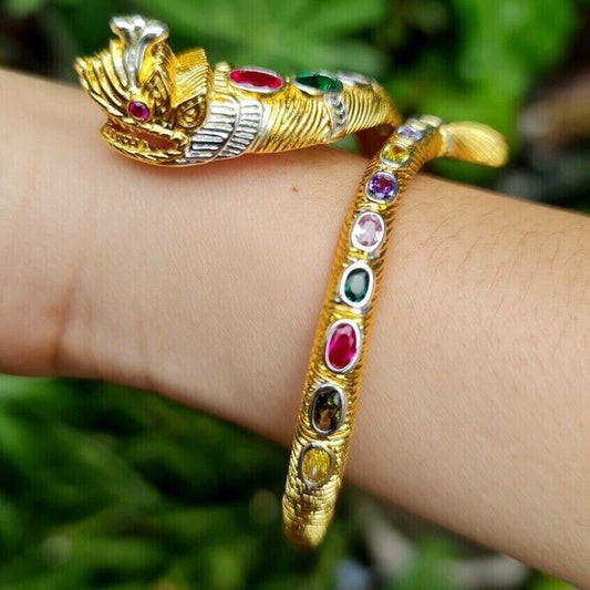 Naga Bracelet 9 Gems Brass Gold Micron Plated Jewelry Buddha Amulet Talisman