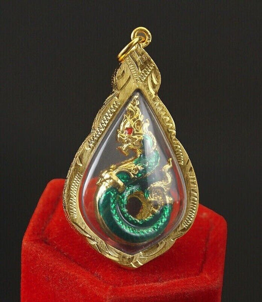 Naga Dragon Gold Micron Pendant Jewelry Talisman Serpent Thai Buddha Amulet