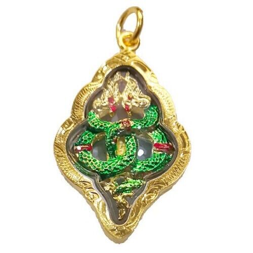 Naga 2 Figure Talisman Gold Micron Pendant Lucky Rich Dragon Thai Buddha Amulet