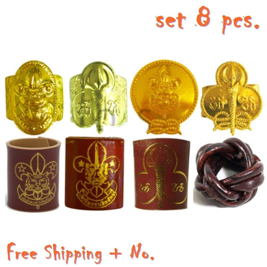 Set 8 Pcs.Thailand Boy Scout Woggle Gelwell Wood Badge Metal Neckerchief Slide