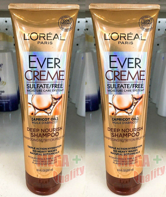 2 x LOreal Paris EverCreme Deep Nourish Shampoo Triple Action Hyrdration 8.5 Fl