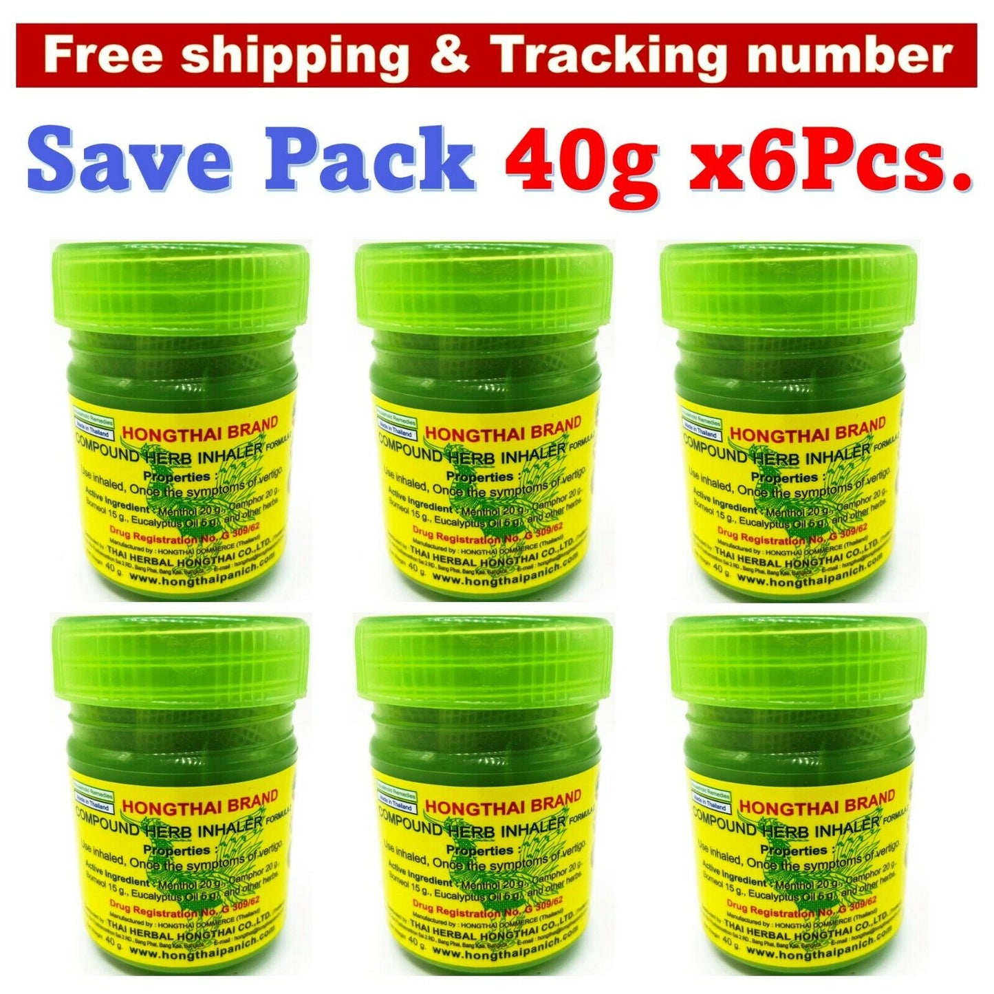6x HONG THAI 100% Natural Traditional Thai & Chinese Herbal Inhalant Inhaler