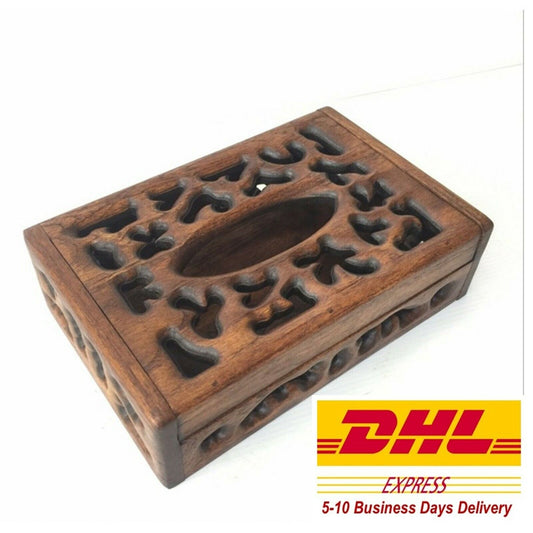 Tissue Wood Box Rectangular With Lid Carved Teak Wooden Cover Vintage Holder