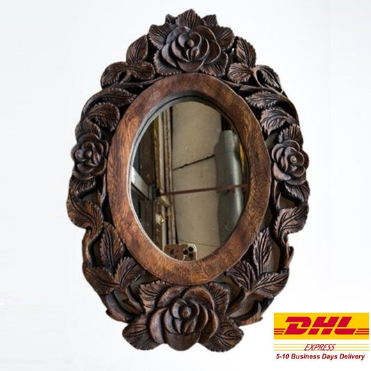 Wood Hand Carved Mirror with Frame Vintage Style Wall Art Rose Home Decor Craft