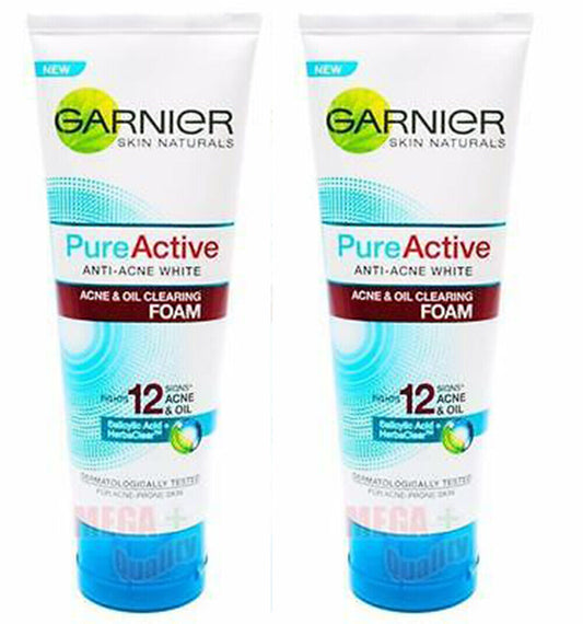 2 x Garnier Skin Naturals Pure Active ANTI-ACNE WHITE OIL CLEARING FOAM 100ml