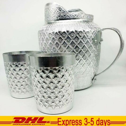 Pitcher Jug Jar Mug Aluminum Liquid Water Vintage Thai Silver Set