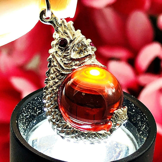 Naga Eye Red Leklai Ball Healing Crystal Pure Silver Pendant Thai Amulet