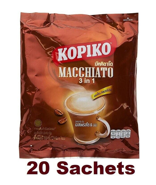 Kopiko Macchiato 3 in 1 coffee mix espresso & milk Intense, mellow 20 sachets