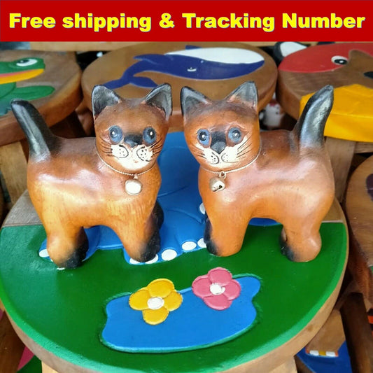 Pair Wooden Cat Tail Up Hand Carved Rain Tree Wood Home Decor Collection So Cute