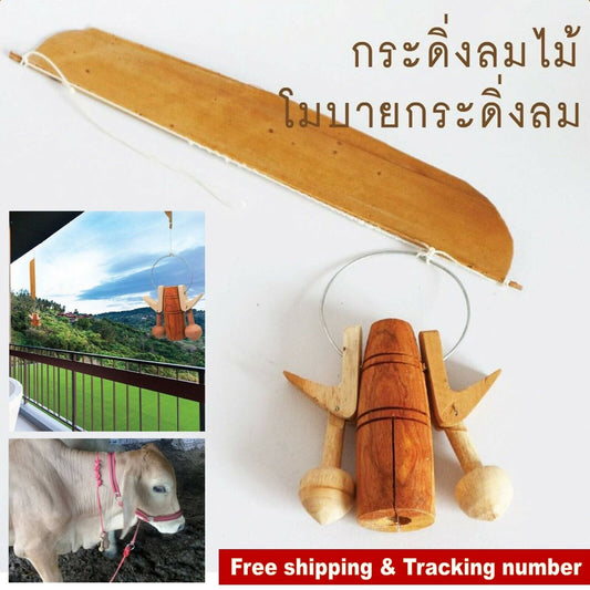 Wooden Mobile Wind Chime Feng Shui Bell Good Fortune Hang Home Decor Lucky Cow
