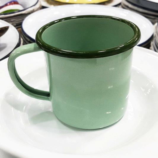 Thai Enamel Cup Mug Hunting Fishing Camp Holder Green Trim Coffee Tea Drink Cute