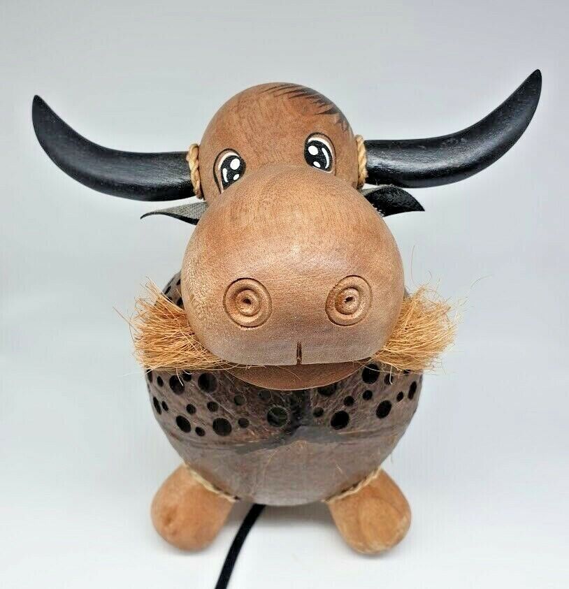 Buffalo Thai Hand Carved Handmade Wooden Crafts Coconut Shell Wood Lamp
