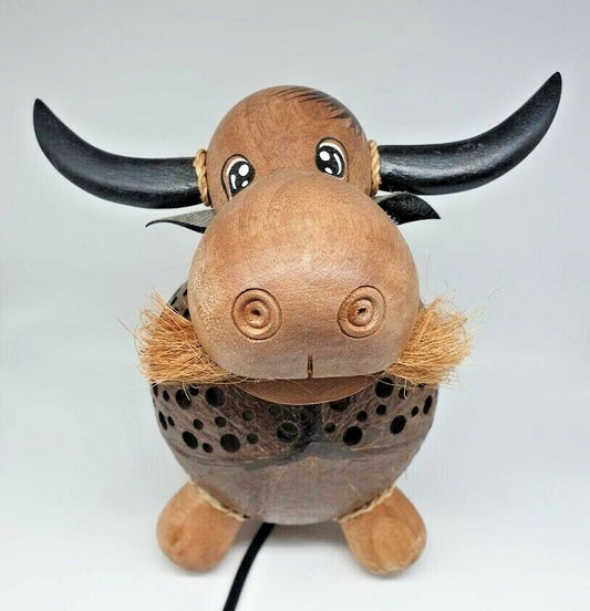 Buffalo Thai Hand Carved Handmade Wooden Crafts Coconut Shell Wood Lamp