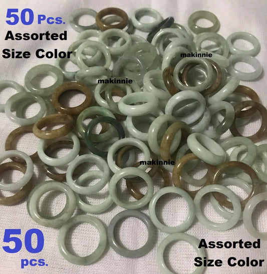 50 Pcs Burmese Jadeite Ring Bulk Lot Untreated Assorted Size Color Natural Jade
