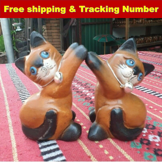 WOODEN PAIRS CAT Cheers Hand Carve Statue Figurine Crafted Home Decor So Cute