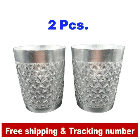 2x Aluminum Mug Water Cup Thai Vintage Style Drink Serveware Antique Art Pattern