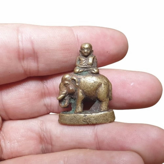 Brass Phra LP Ngern Ride Elephant Money Figure Thai Amulet Property Talisman