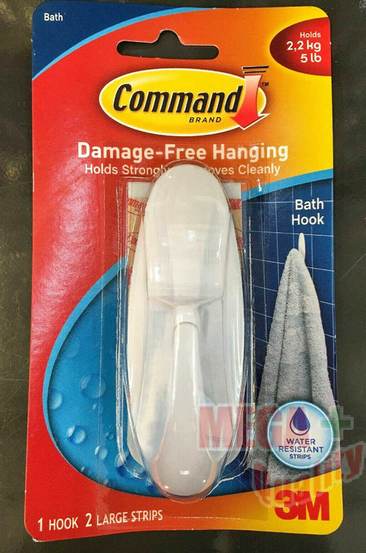 3M Command Designer Bath Hook,Large,White,1-Hook with Water Resistant Strips