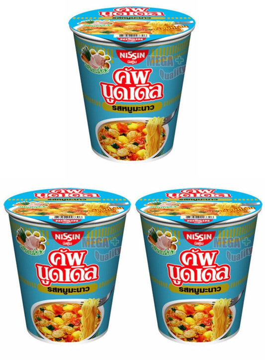 3 x Nissin Pork Moo Manao Flavour Instant CUP Noodle HIKING FOOD Camp Meals 60g.
