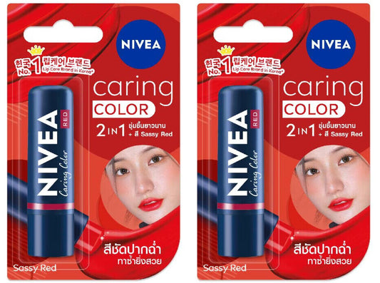 2 x Nivea Lip Caring Color Sassy Red Brilliant Plus Moisture Nourished 4.8g.