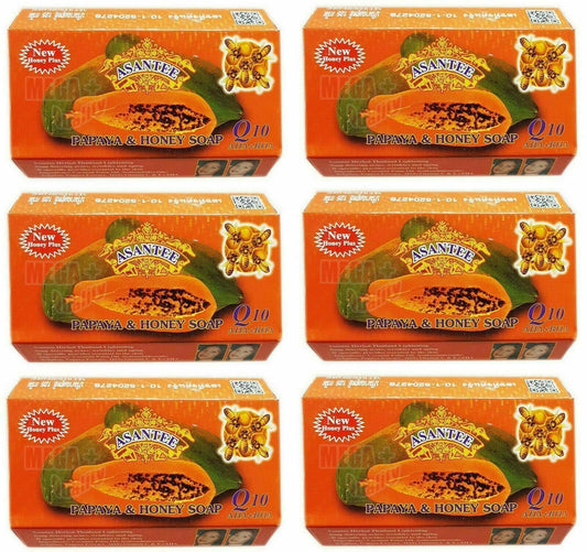 6 x Asantee Thai Herbal Papaya Honey Soap with Q10, AHA BHA Skin Whitening 125g
