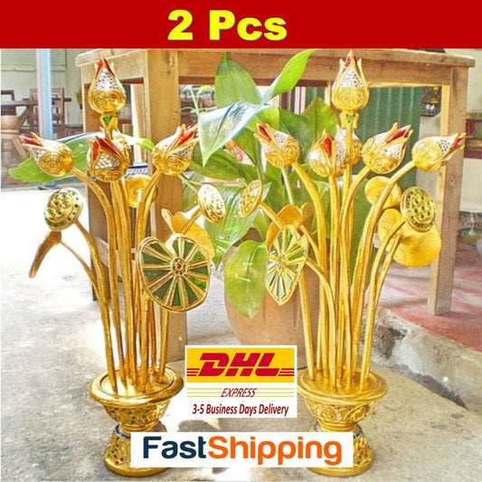 Pair of Lotus Flower Gold Leaf Wood Table Buddha Worship Decor New Years 27 inch