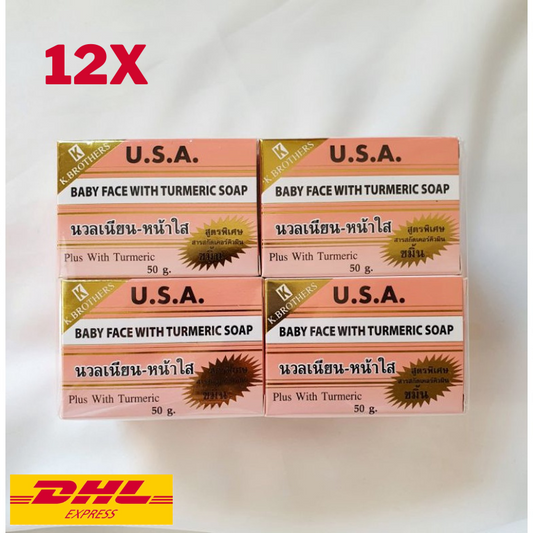 12x K. Brothers Baby Face with Turmeric Whitening Soap Skin Brightening Body 50g
