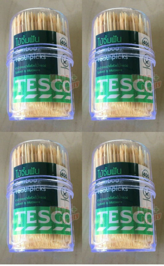 4 x Tesco Toothpicks Bamboo Wooden Oral Dental two Carved End Tooth Picks 400Pcs