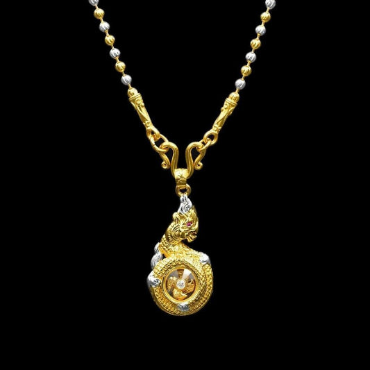 Dragon Naga Pendant with Necklace 24K Gold Plated Thai Amulet Fortune Wealth