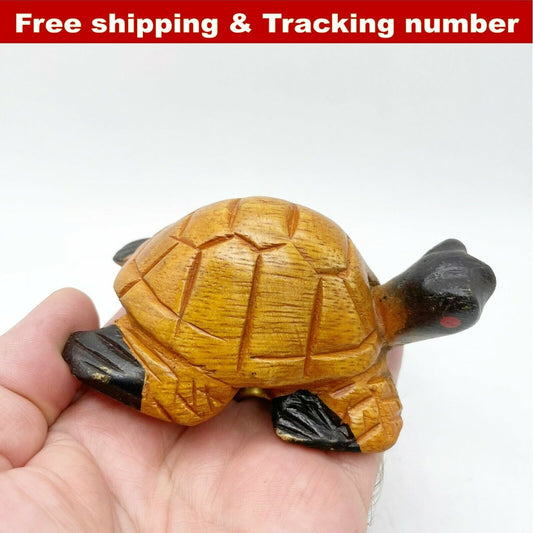 Turtle Wood Animal Vintage Hand Craved Figurine Lovely Sculpture Painted