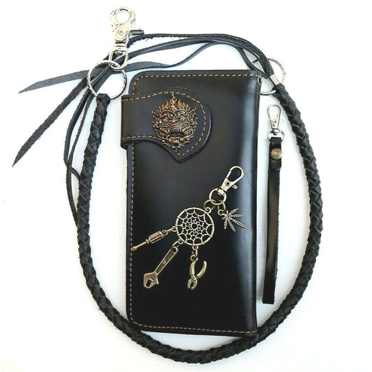Leather Wallet Men's Shiny Black Vintage Hanuman Blocking Biker Long Trifold Art