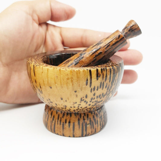 3" Mortar and Pestle Small Set Wood Handle Thai Handcraft Primitive Vintage