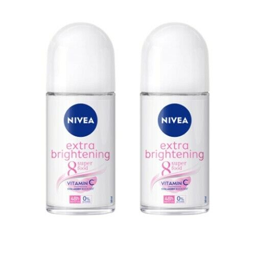 2 x NIVEA EXTRA brightening DEODORANT ROLL ON PLUCKING TIGHTENS PORES 48HR 50g