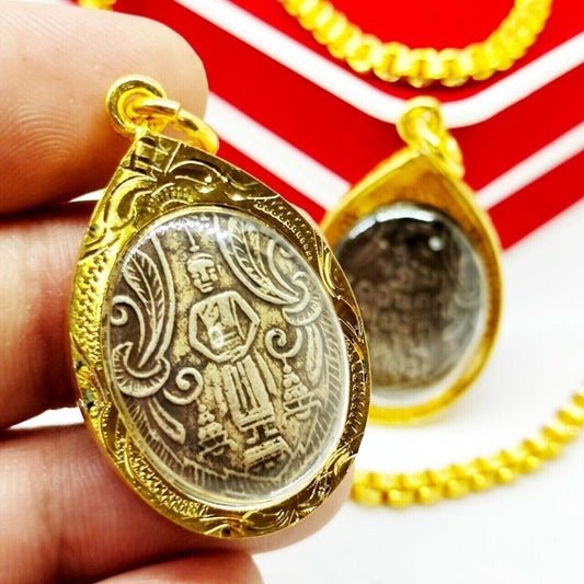 Thai Buddha Amulet Pendant LP Ban Laem Gold Micton Case