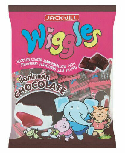 24 x 6g. Jack n Jill Wiggles Chocolate Coated Marshmallow Strawberry Jam Filling