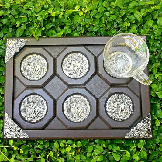 Set Nikle Thai Elephant Coasters Drink Tea Coffee Teak Wood Serving Tray Wooden