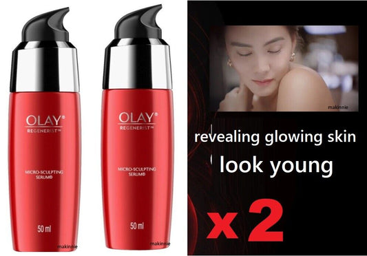2x OLAY Regenerist Micro-Sculpting Serum revealing glowing skin look young
