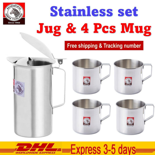 Thai Zebra Brand Water Jug Pouring Mouth with Lid Stainless Set (11cm x 4 Mugs)