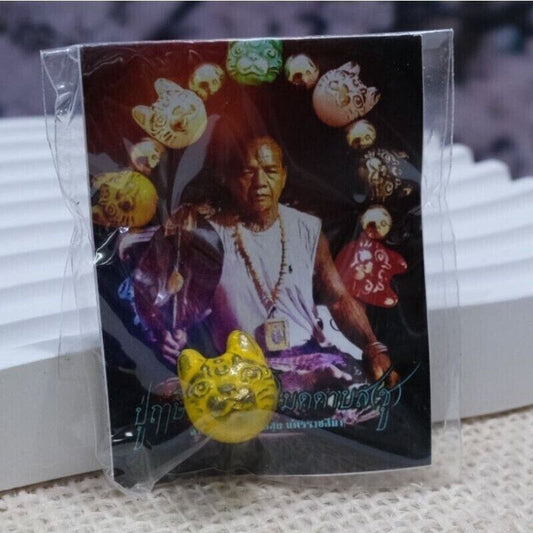 Nilkan Yellow Cat 9 lives Hermit Mantra Pendant Attract Charm Love Thai Amulet