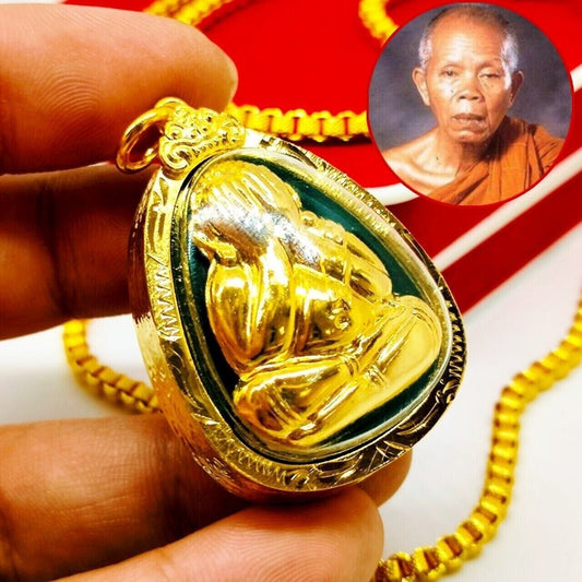 Phra Pidta LP Koon Wat Banrai Thai Pendant Buddha Amulet Gold Micron Case