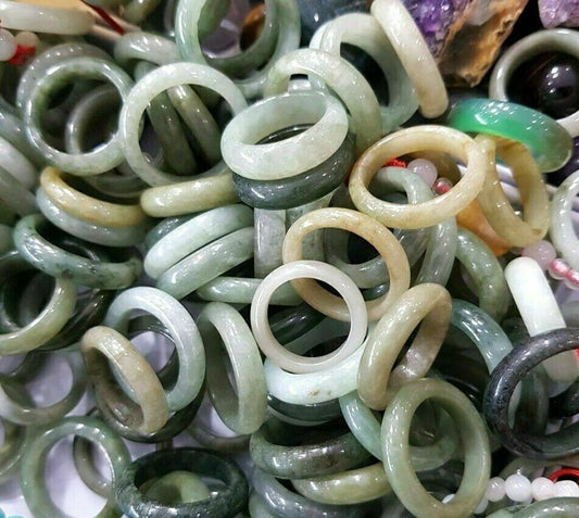 Burmese Jadeite Ring Lot/Untreated Assorted sizes & colors Natural Jade 100Pcs