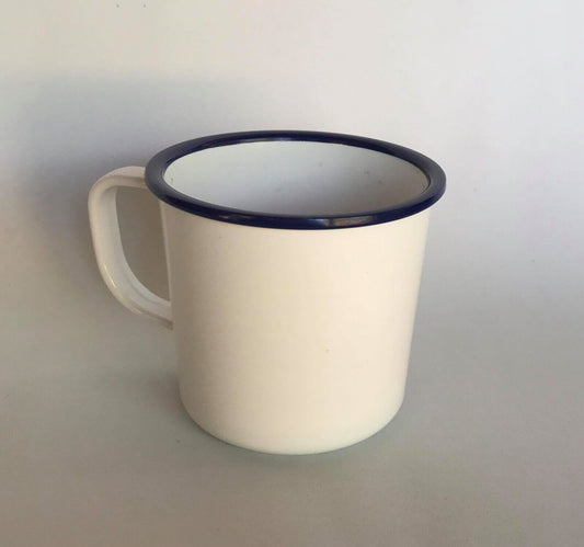 4" Cup Enamel White Blue Trim Vintage Thai Mug Coffee Beverage Drink