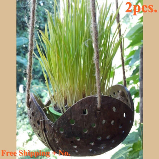2X Coconut Shell Hanging Plant Natural Pot Garden Home Decor Lotus Flower Vase