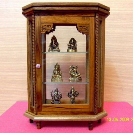 Vintage Teak Wood Cabinet Craft Handmade Carved Cupboard 8-sided shape Free Gift