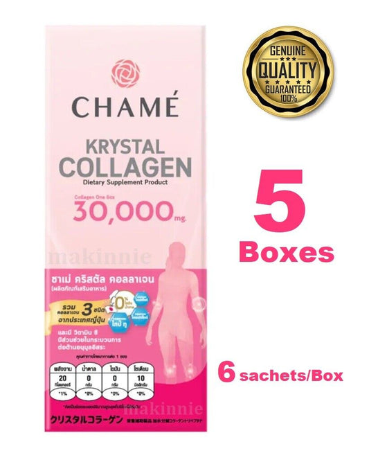 5X Chame Krystal Collagen 30,000 mg. box 6 sachets Genuine Care Hair Skin Bone