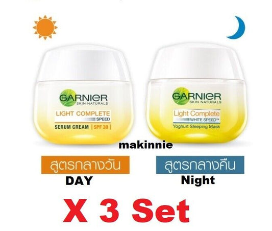 3X 50ml. Set Garnier Light Complete Day + Night Cream serum & sleeping mask Skin